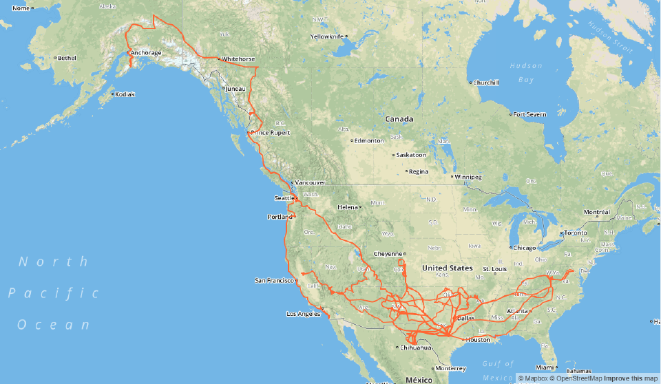 Map of five years of roadtrip routes